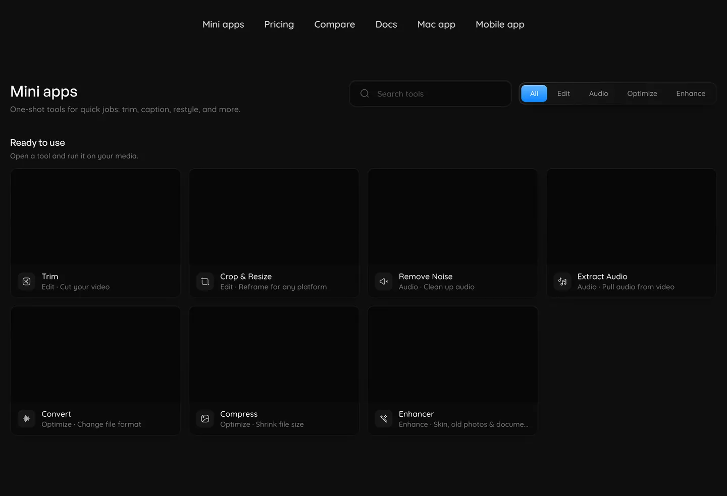 The Mini Apps page, showing the seven one-shot tools