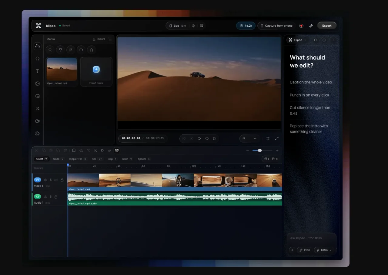 Klipeo editor showing a video preview, editable timeline, media library, and Vibe agent panel
